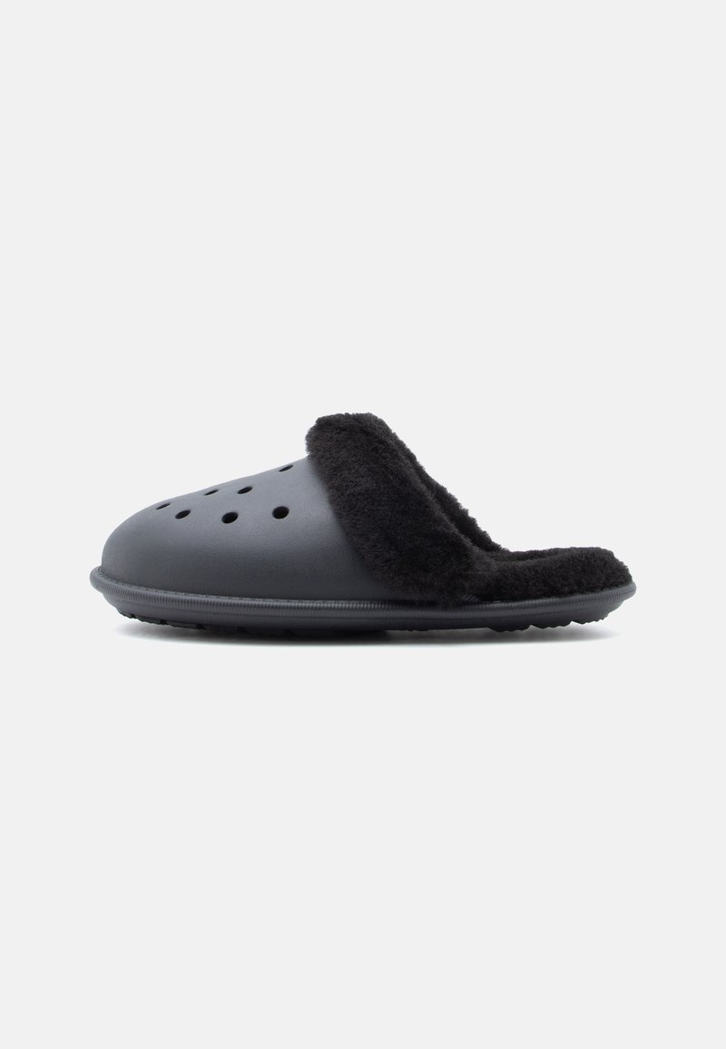 Papuci negri, tip slip-on, cu căptușeală pufoasă neagră, confecționați dintr-un material similar cu cauciucul, având orificii de ventilație și o talpă texturată pentru aderență.