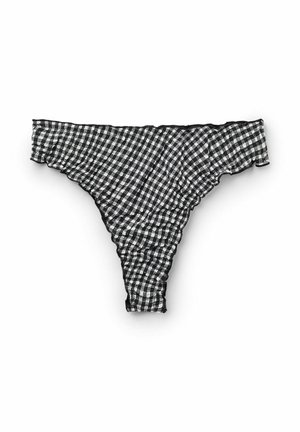 Zwart-witte ruit patroon string met flirtige randen en effen zwarte afwerking. Gemaakt van een zachte, rekbare stof voor comfort.