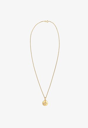 Halskette in Goldfarbe mit einer feinen Kette und einem runden Anhänger mit einem Sternenmuster sowie einem kleinen Edelsteinakzent in der Mitte.
