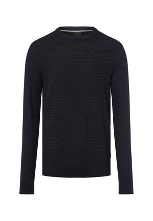 Marineblauer Pullover aus strukturiertem Stoff, mit einem Rundhalsausschnitt und gerippten Ärmeln und Saum, in schlanker Passform und mit dezenten Details.