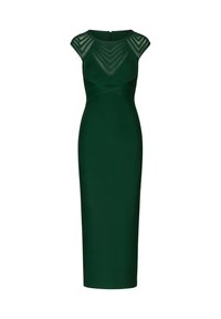 Grünes Kleid mit kurzen Ärmeln, tailliertem Oberteil mit transparentem Detail und gerader Midi-Länge Rock. Glatter Stoff mit geometrischem Muster.
