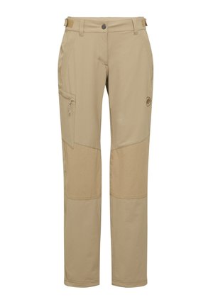 Pantaloni beige da esterno con rinforzi alle ginocchia, tasca laterale con zip, alette regolabili in vita e chiusura con bottoni.