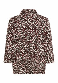 Patroon shirt in bordeaux, zwart en wit; heeft een kraag en korte mouwen; lichtgewicht stof met een losse pasvorm en abstract ontwerp.