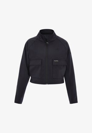 Verkorte zwarte jas met hoge kraag, ritssluiting aan de voorkant en twee borstzakken. Gemaakt van gladde stof met tonale stiksels en logodetail.