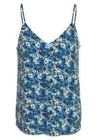 Blommig linne i nyanser av blått och grönt, med V-ringning och tunna axelband. Lättviktigt tyg med blommönster.