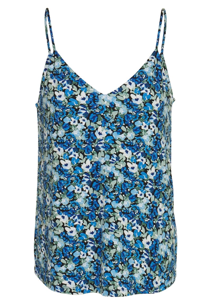 Blommig linne i nyanser av blått och grönt, med V-ringning och tunna axelband. Lättviktigt tyg med blommönster.