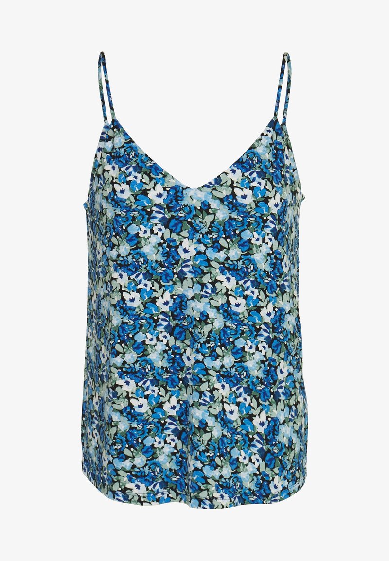 Blommig linne i nyanser av blått och grönt, med V-ringning och tunna axelband. Lättviktigt tyg med blommönster.