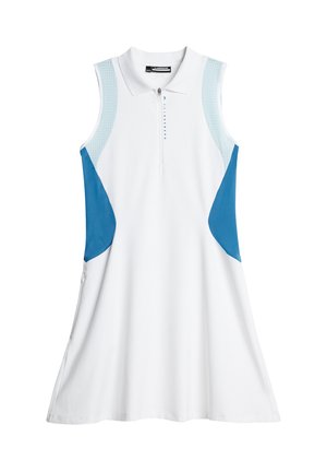 Abito senza maniche in stile polo di colore bianco con pannelli in mesh azzurri e accenti laterali blu scuro; presenta una zip frontale e una silhouette svasata.