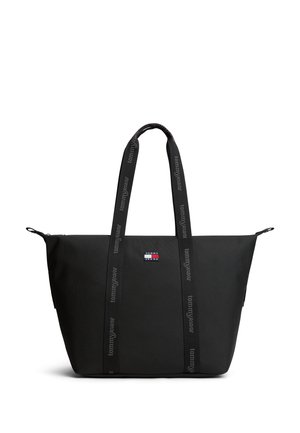 Sac cabas noir avec des anses "tommy jeans" de marque et un petit logo Tommy Jeans à l'avant, avec des fermetures éclair sur chaque côté.