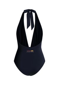 Zwarte halterneck badpak met diepe V-hals en Red Bull Racing-logo middenvoor.