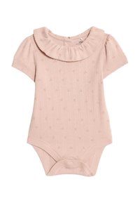 Lyserød strikket bodysuit med korte ærmer og en volangkrave, der har et tekstureret stribemønster og små blomsterdetaljer. Trykknaplukning i bunden.