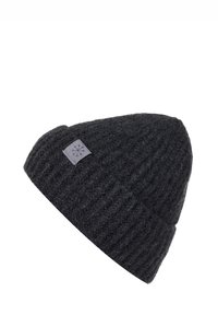 Dark gray knit beanie with a textured ribbed design, featuring a small gray fabric label with a snowflake emblem on the side.