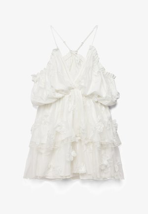 Valge varrukateta kleit lilleaplikatsioonide, kihiliste volangide, piiritletud vöökoha ja reguleeritavate õhukeste rihmadega, mis ristuvad seljal.