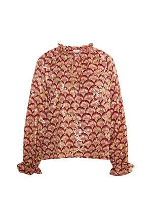 Piros blúz fodros kivágással és hosszú ujjakkal. Virágmintás héj minta található rajta rózsaszín és arany árnyalatokban, texturált anyagon.