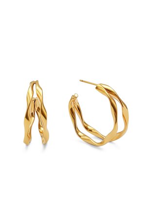 Pair of twisted gold hoop earrings with a shiny, polished finish, one shown from side, the other from front with post visible.
