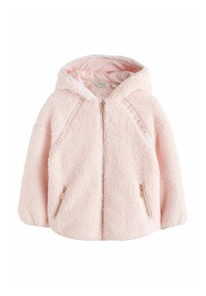 Faux-Fur-Hoodie in zartem Rosa mit Kapuze, Frontreißverschluss und metallisch glänzenden Reißverschlusstaschen. Mit Branding an den Schulterträgern.