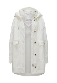 Weiße wasserdichte Jacke mit Kapuze, ausgestattet mit einer Knopf- und Reißverschlussöffnung, zwei Fronttaschen und einem Netzfutter. Glatte Textur und modernes Design.