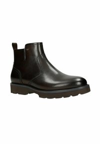Černá kožená kotníková bota s hladkým povrchem, elastickými bočními panely a pevnou gumovou podrážkou s texturovaným vzorem gripu.