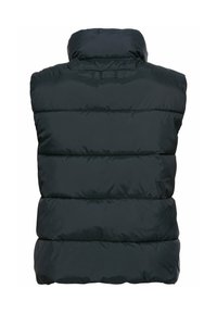 Schwarze Steppweste mit hohem Kragen, gestepptem Textur und horizontalen Nähten. Ohne Ärmel, aus glänzendem, glattem Material.