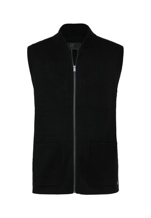 Schwarze ärmellose Weste mit Reißverschluss, Stehkragen und zwei Vordertaschen, hergestellt aus weichem Strickstoff.
