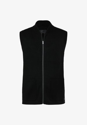 Zwarte mouwloze vest met rits en opstaande kraag, voorzien van twee voorzakken en gemaakt van een zachte gebreide stof.