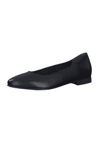 Ballerine nere in pelle con punta affilata, tacco piatto e superficie liscia. Design minimalista senza hardware o motivi visibili.