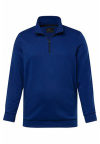 Blaues Zip-Hals Sweatshirt mit lässiger Passform, hergestellt aus weichem Stoff. Es hat lange Ärmel und Rippbündchen und bietet eine glatte Textur.