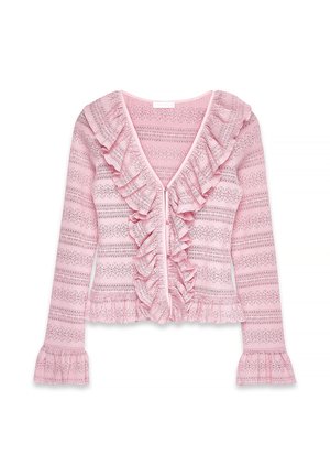 Cardigan rose clair avec un devant volé, des manches longues et des poignets évasés. Comprend un motif de tricot texturé avec des rayures horizontales.