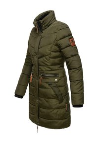 Olive green padded jacket featuring a high collar, zip and button closure, two zip pockets, and brown leather accents on the sleeve.