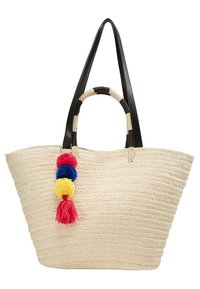 Spleciona torba z słomy w kolorze kremowym z czarnymi, sztucznymi skórzanymi uchwytami. Posiada kolorowy charms z pomponem w kolorach czerwonym, żółtym i niebieskim.