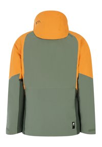 Waterdichte jas met een groene body en een oranje capuchon. Kenmerken zijn onder andere een capuchon met koord en duurzame naden, ontworpen voor actief gebruik.
