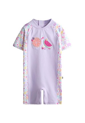Lavendel korte mouwen romper met bloemenpatroon op mouwen en zijden, met geborduurde sinaasappelschijf, watermeloen, kersen en kleine bloemen aan de voorkant.