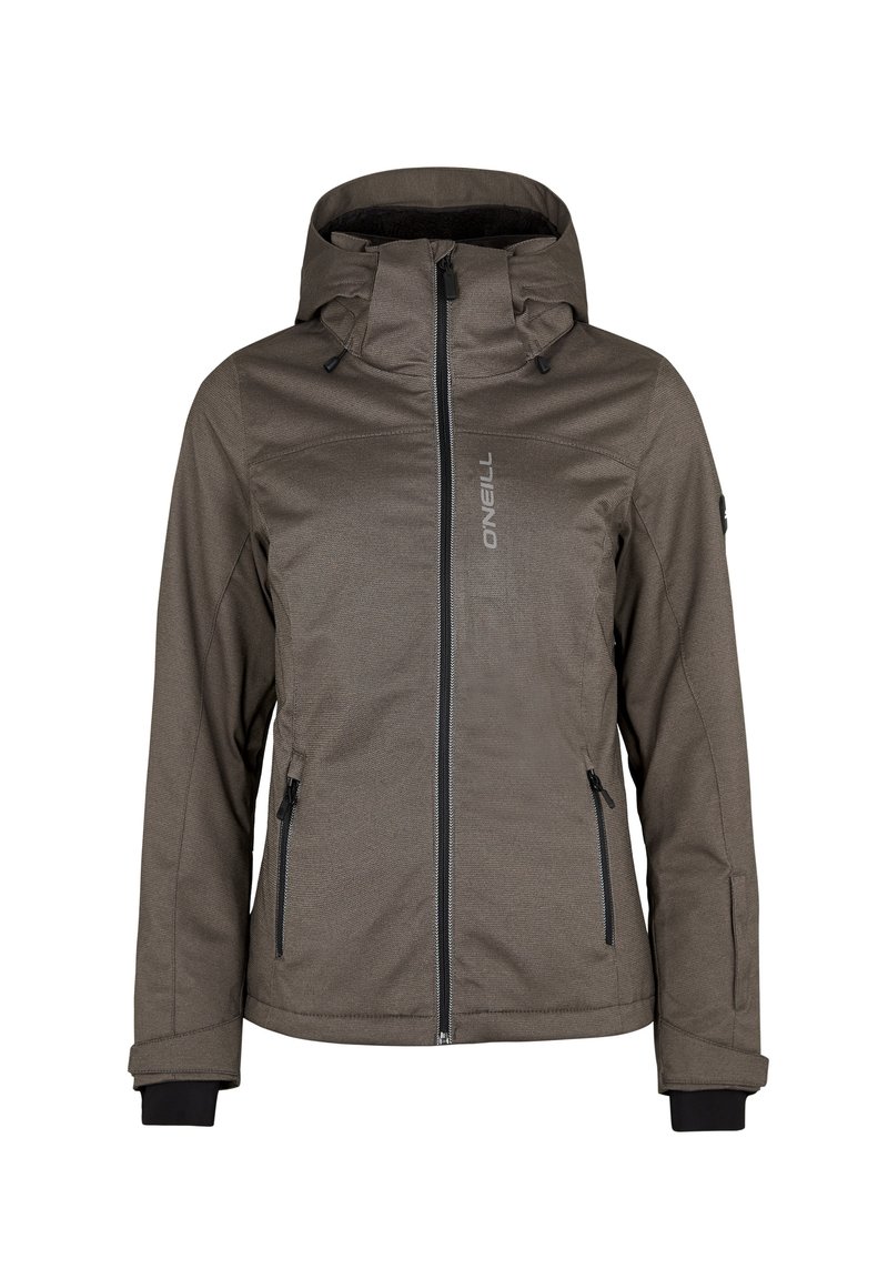 Braune, wasserdichte Jacke mit hohem Kragen, Reißverschluss vorne und zwei Seitentaschen. Verfügt über schwarze Akzente und eine verstellbare Kapuze.