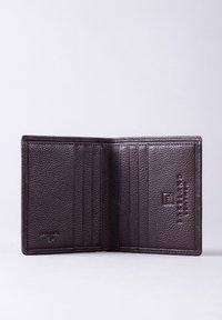 Dark brown leather wallet with a textured finish, featuring multiple card slots, and embossed branding on the interior.