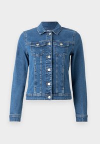 Chaqueta de mezclilla azul con botones plateados, dos bolsillos de tapa en el pecho y mangas largas, sobre un fondo blanco liso.