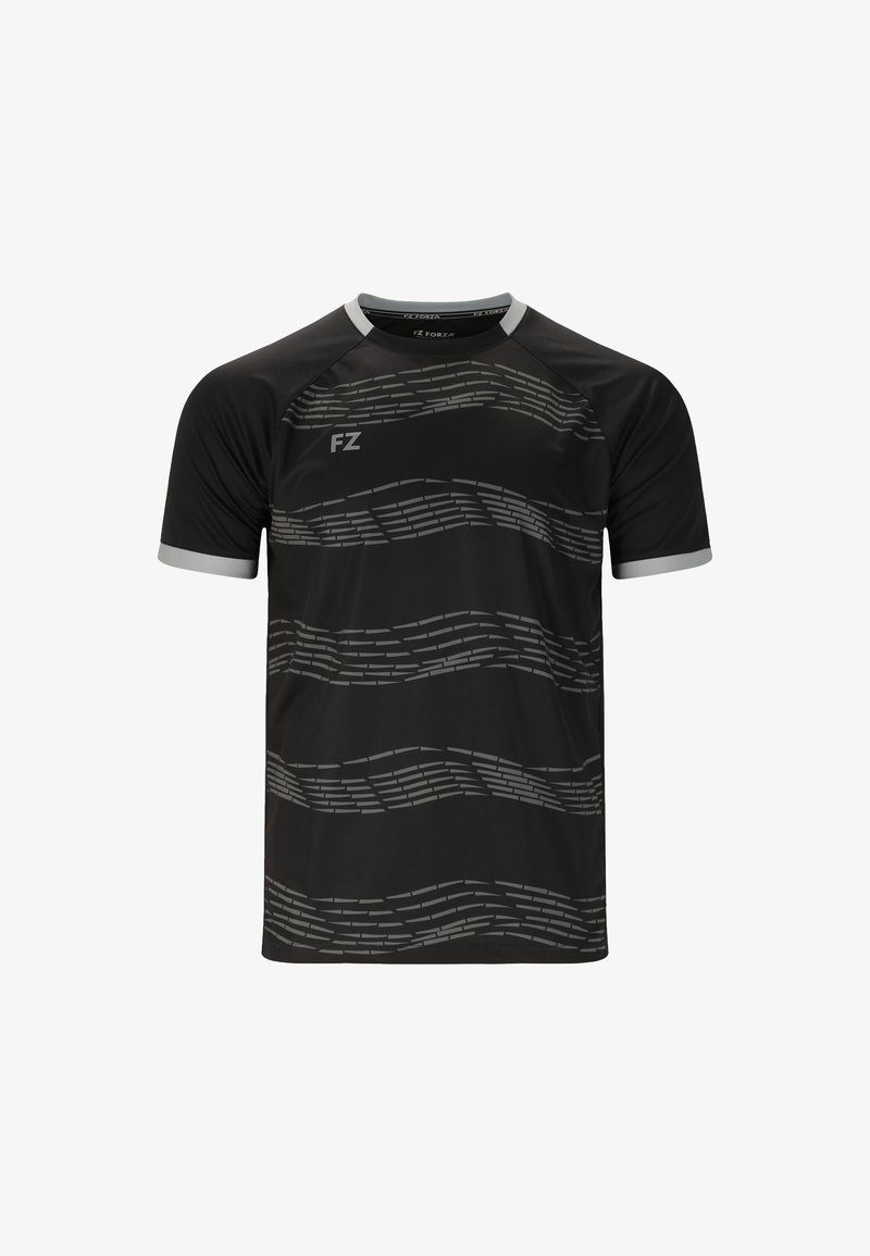 Musta urheilupaita lyhyillä hihoilla, jossa on harmaa aaltokuvio. Valkoisia yksityiskohtia kauluksessa ja hihansuiden reunoilla. Pehmeä kangas.