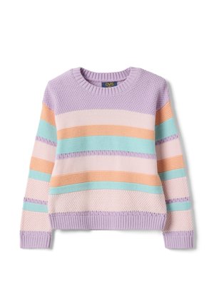 Suéter de punto de manga larga para niños con rayas horizontales en lavanda, melocotón, rosa claro y verde menta, con patrones de punto texturizados.