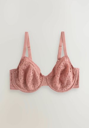 Pink lace bra with a floral pattern, underwire support, adjustable straps, and scalloped edging. Soft texture and fitted shape.
