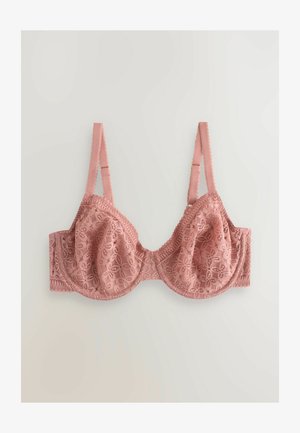 Pink lace bra with a floral pattern, underwire support, adjustable straps, and scalloped edging. Soft texture and fitted shape.
