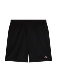 Pantaloni sportivi neri in rete con vita elastica, dotati di un piccolo logo rosso e bianco in basso a sinistra. Design leggero e traspirante.