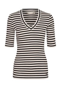 Schwarzes und weißes, horizontal gestreiftes, eng anliegendes Kurzarmhemd mit V-Ausschnitt und kleinem Logo nahe dem unteren Saum.