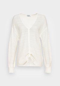 Weißes gestricktes Langarmoberteil mit V-Ausschnitt, Kordelzug am Saum und gerippten Bündchen. Der Stoff wirkt leicht und leicht strukturiert.