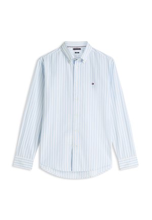 Chemise à manches longues à rayures verticales bleu clair et blanc avec col et petit logo brodé sur la poitrine.