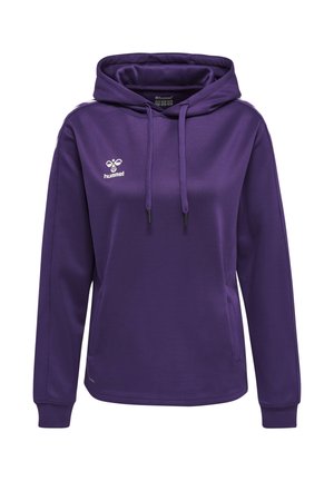 Sweat à capuche violet à manches longues, poches avant, capuche avec cordon de serrage et petit logo blanc hummel sur la poitrine.