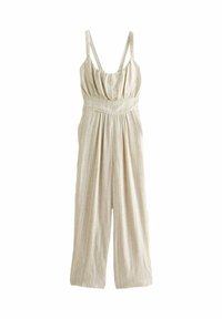 Linnébyxdress med en samlad byst, vida ben och smala axelband, i en ljus beige nyans med subtila vertikala ränder.