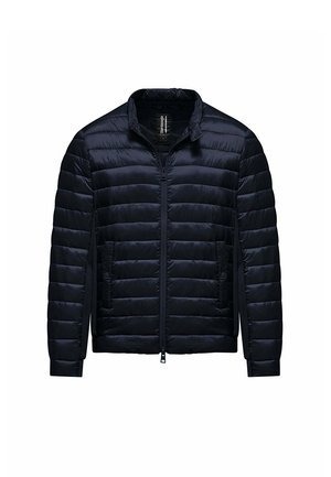 Męska czarna pikowana lekka kurtka puchowa z kołnierzem stojącym, przednim zamkiem błyskawicznym i dwoma kieszeniami na zatrzaski.