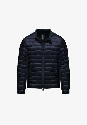 Schwarze, gesteppte, leichte Steppjacke für Herren mit Stehkragen, Frontreißverschluss und zwei Taschen mit Druckknopf.