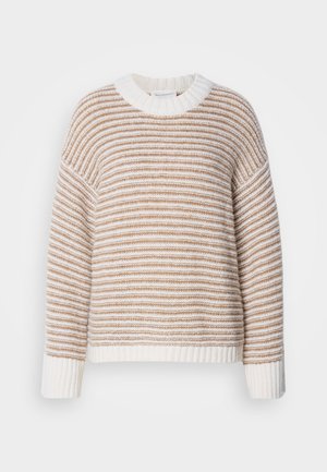 Cream and tan striped sweater with a round ribbed neckline and ribbed cuffs. Knitted texture with loose-fitting, long sleeves.