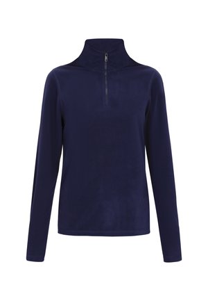 Merinovalkoinen fleece-pullove, jossa on korkea kaulus ja neljännesvetoketju. Pitkät hihat, pehmeä rakenne ja sileä kangas ilman kuvioita tai koristeita.