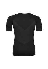 T-shirt d'entraînement noir à manches courtes avec un motif en V texturé et des poignets côtelés. Tissu lisse, design ajusté, construction sans couture.